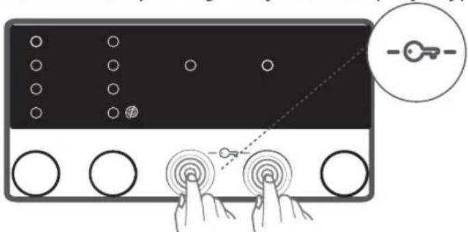 Diagram showing a device with multiple circular buttons and a key icon, connected to three finger icons on a keyboard.
