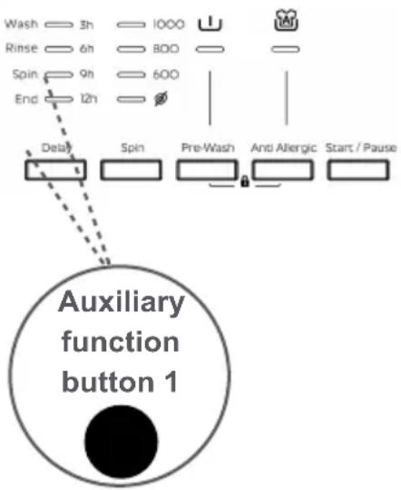 Wash 3h 1000 Rinse 6h 800 Spin 9h 600 End 12h Delay Spin Pre-Wash Anti Allergic Start / Pause Auxiliary function button 1
