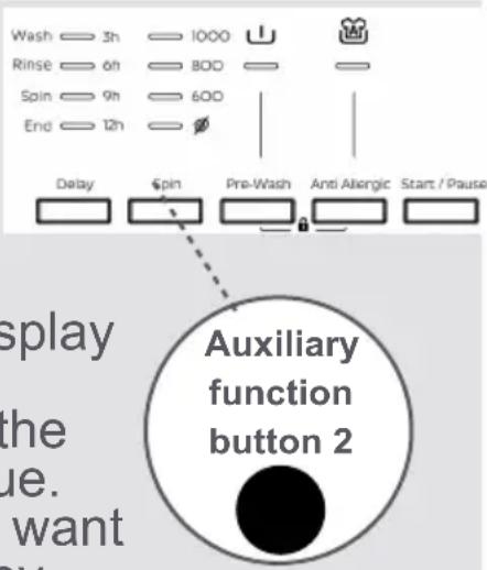 Wash 3h 1000 Rinse 6h 800 Spin 9h 600 End 12h Delay spin Pre-Wash Anti Allergic Start / Pause Auxiliary function button 2 display the ue. want