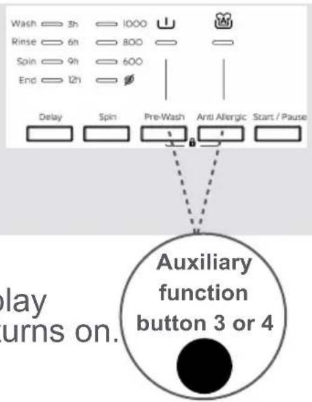 Wash 3h 1000 Rinse 6h 800 Spin 9h 600 End 12h Delay Spin Pre-Wash Anti Allergic Start / Pause Auxiliary function button 3 or 4 play turns on.