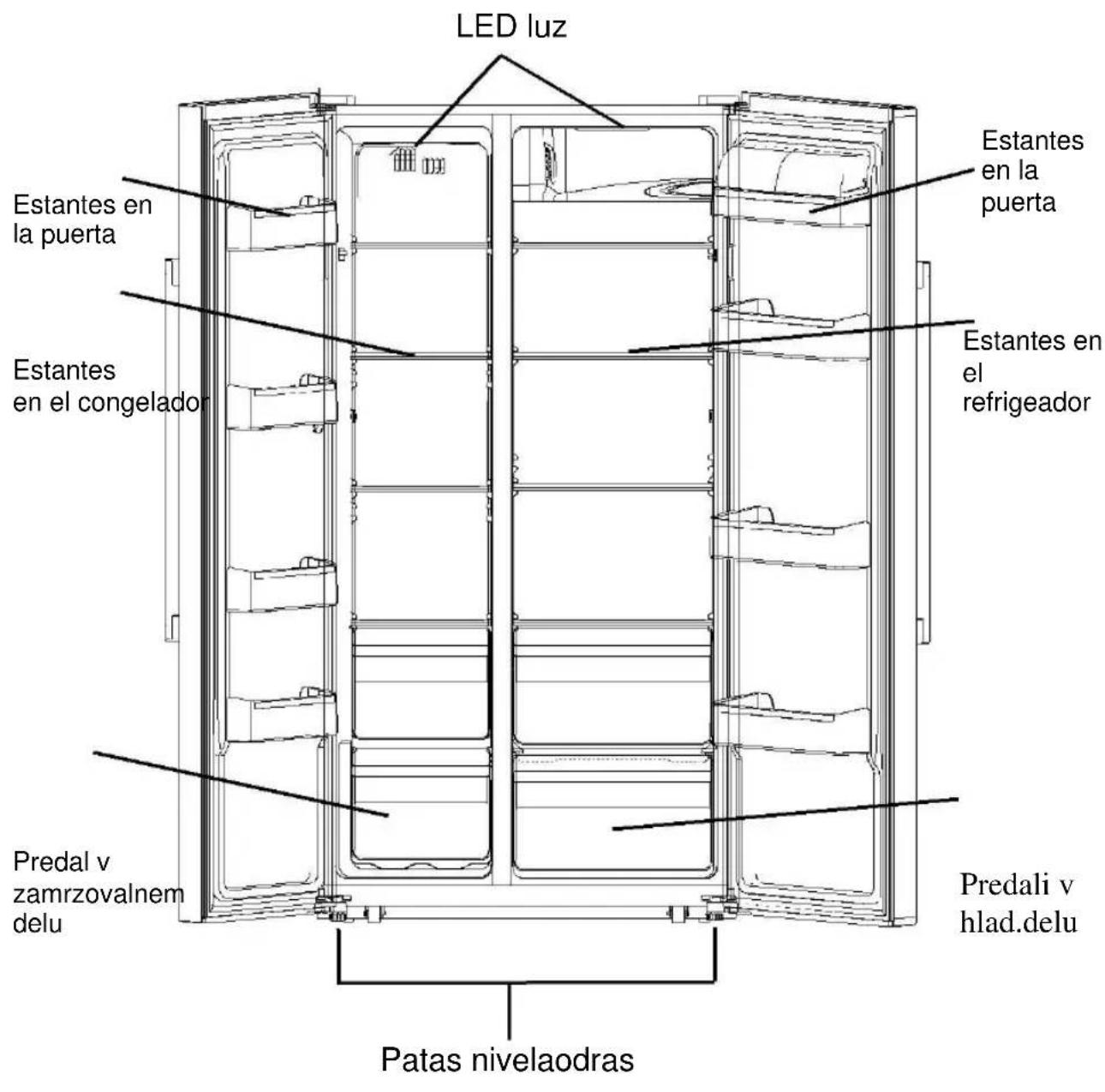 LED luz Estantes en la puerta Estantes en el congelador Estantes en el refrigerador Predal v zamrzovalnem delu Patas nivelaostras Estantes en la puerta Estantes en el refrigerador Predali v hlad.delu