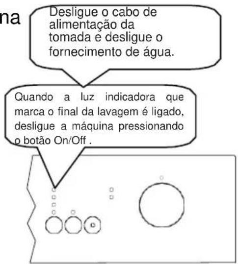 Desligue o cabo de alimentação da tomada e desligue o fornecimento de água. Quando a luz indicadora que marca o final da lavagem é ligado, desligue a máquina pressionando o botão On/Off.