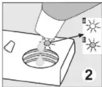 Diagram illustrating a procedure with labeled components and sun icons, showing a tool interacting with a light bulb.