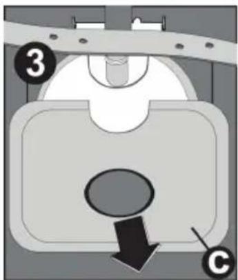 Diagram of a mechanical component with labeled parts and directional arrow, showing components 3 and C.