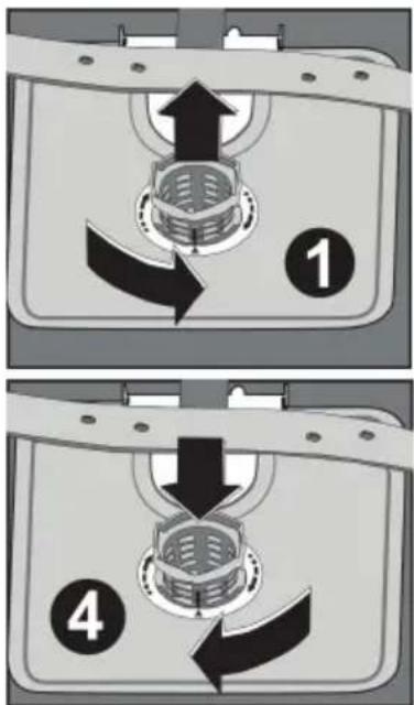 Diagram showing two steps of a mechanical device with labeled parts and directional arrows indicating motion or movement.
