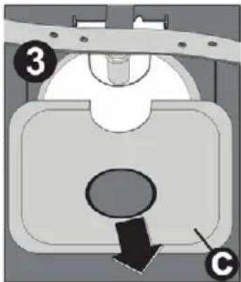 Diagram of a mechanical device with labeled parts and directional arrow, showing components 3 and C.
