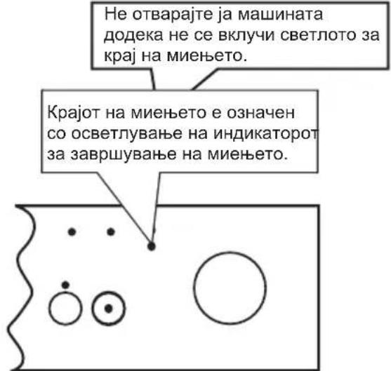 Не отварајте ја машината додека не се вклучи светлото за крај на миењето. Крајот на миењето е означен со осветлување на индикаторот за завршување на миењето.