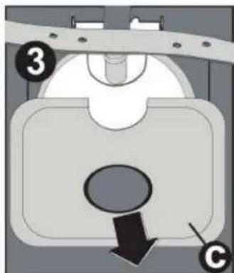 Diagram of a mechanical component with labeled parts and directional arrow, showing components 3 and C.