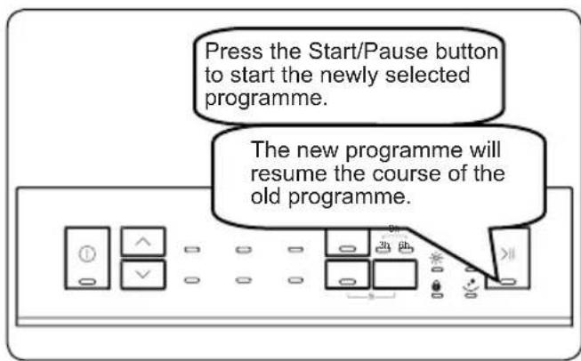 Press the Start/Pause button to start the newly selected programme. The new programme will resume the course of the old programme.