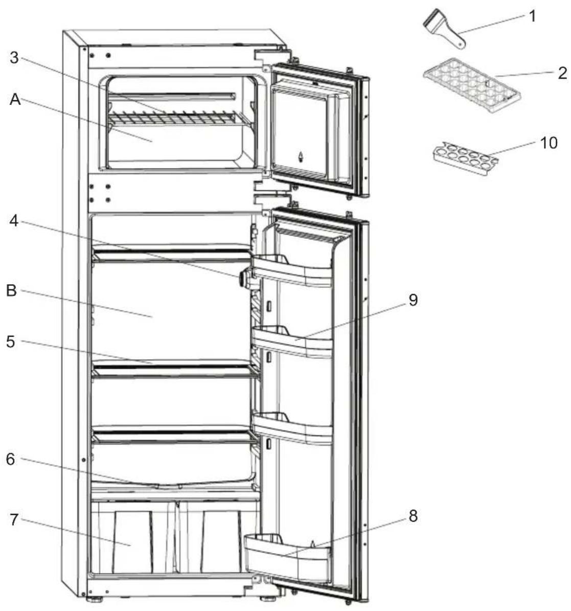 Technical diagram of a refrigerator with labeled parts and exploded view, showing internal compartments and housing structure.