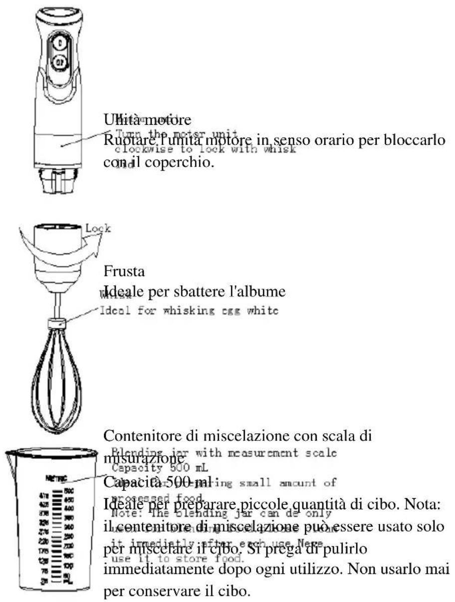 Unità motore Turn the motor unit clockwise to lock with whisk con il coperchio. Lock Frusta Ideale per sbattere l'albume Ideal for whisking egg white Contenitore di miscelazione con scala di misurazione Blending jar with measurement scale Capacity 500 mL Capacità 500 ml Ideale per preparare piccole quantità di cibo. Nota: il contenitore di miscelazione può essere usato solo per miscelare il cibo. Si prega di pulirlo immediatamente dopo ogni utilizzo. Non usarlo mai per conservare il cibo.