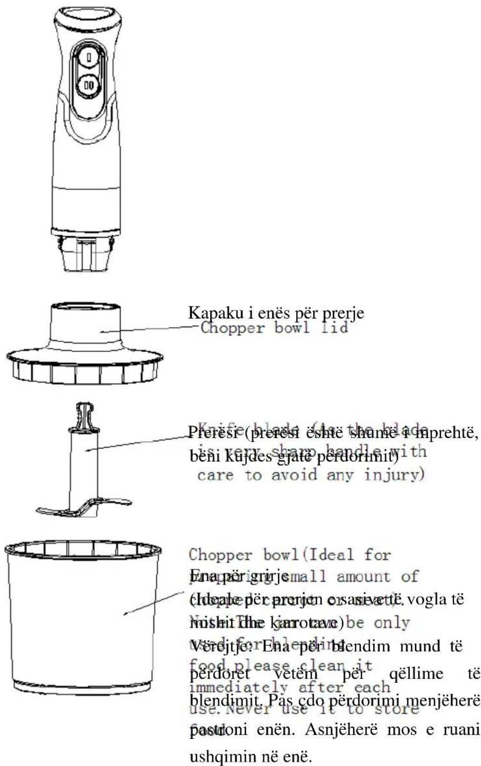 Kapaku i enës për prerje Chopper bowl lid Prerësi (prerësi ésnte shume i prehtë, beni kujdes gjate perdorimit) care to avoid any injury) Chopper bowl (Ideal for Enapërigrirje small amount of (Idepale për prerjen osasivette. vogla të Nishit The karrotave) be only Verejtje: Ena për blendim mund të food please clean it perdoret vetëm për qëllime të immediately after each blendimit. Pas cdo perdorimi menjëherë use. Never use it to store pastloni enën. Asnjëherë mos e ruani ushqimin në enë.