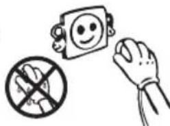 Safety warning illustration showing a smiling face, a crossed-out hand, and a prohibition symbol