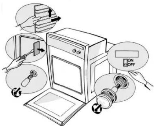 Diagram illustrating home appliance installation steps with labeled buttons and directional arrows