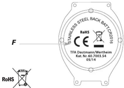 EDELSTAHL-RÜCKSEITE BATTERIE CR2016 RoHS TFA Dostmann/Wertheim Kat. Nr. 60.7003.54 05/14 F RoHS