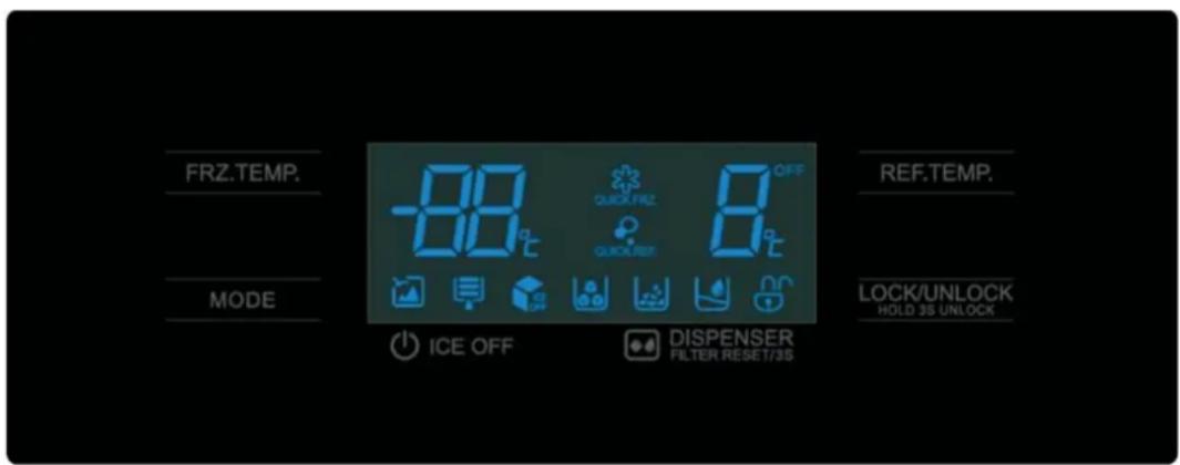 FRZ.TEMP. MODE ICE OFF QUICK PRESS QUICKER OFF DISPENSER FILTER RESET/3S REF.TEMP. LOCK/UNLOCK HOLD 3S UNLOCK