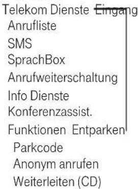 Telekom Dienste Eingang Anrufliste SMS SprachBox Anrufweiterschaltung Info Dienste Konferenzassist. Funktionen Entparken Parkcode Anonym anrufen Weiterleiten (CD)