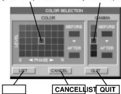 COLOR SELECTION COLOR LEVEL G PHASE R CAMMA BEFORE BEFORE AFTER AFTER LIST CANCEL OUT CANCEL LIST QUIT