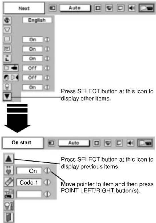 Next English On On On Off Off On Press SELECT button at this icon to display other items. On start On Code 1 Press SELECT button at this icon to display previous items. Move pointer to item and then press POINT LEFT/RIGHT button(s).