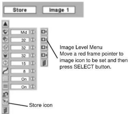Store Image 1 Mid 32 32 32 15 8 On On Store icon Image Level Menu Move a red frame pointer to image icon to be set and then press SELECT button. Store icon