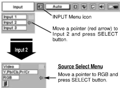 Input Input 1 Input 2 Input 3 INPUT Menu icon Move a pointer (red arrow) to Input 2 and press SELECT button. Input 2 Video Y/Pb/Cb Pr/Cr RGB Source Select Menu Move a pointer to RGB and press SELECT button.