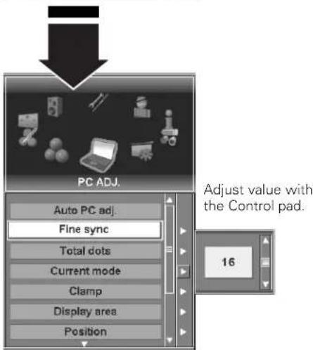 PC ADJ. Auto PC adj. Fine sync Total dots Current mode Clamp Display area Position Adjust value with the Control pad. 16