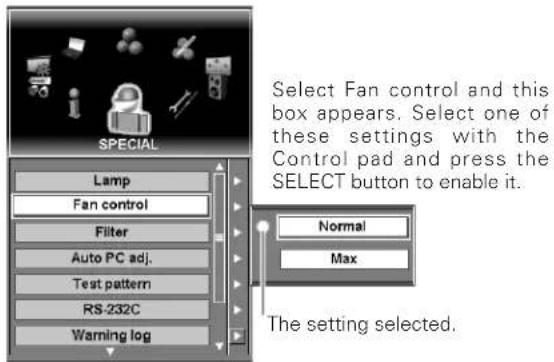 SPECIAL Lamp Fan control Filter Auto PC adj. Test pattern RS-232C Warning log Select Fan control and this box appears. Select one of these settings with the Control pad and press the SELECT button to enable it. Normal Max The setting selected.