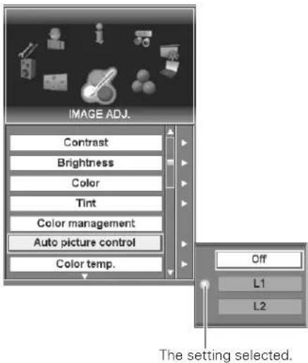 IMAGE ADJ. Contrast Brightness Color Tint Color management Auto picture control Color temp. Off L1 L2 The setting selected.