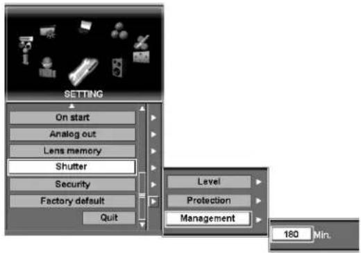 SETTING On start Analog out Lens memory Shutter Security Factory default Quit Level Protection Management 160 Min.