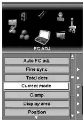 PC ADJ. Auto PC adj. Fine sync Total dots Current mode Clamp Display area Position