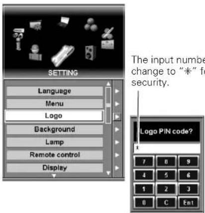 SETTING Language Menu Logo Background Lamp Remote control Display The input number change to "*" for security. Logo PIN code? 1 7 0 9 4 5 6 1 2 3 0 C Ent