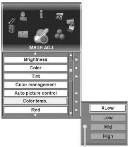 IMAGE ADJ. Brightness Color Tint Color management Auto picture control Color temp. Red XLow Low Mid High
