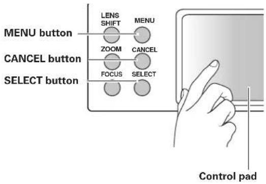 MENU button CANCEL button SELECT button LENS SHIFT ZOOM FOCUS MENU CANCEL SELECT Control pad