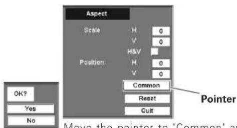 Aspect Scale H 0 V 0 H&V Position H 0 V 0 Common Reset Quit OK? Yes No Move the pointer to 'Common' and Pointer