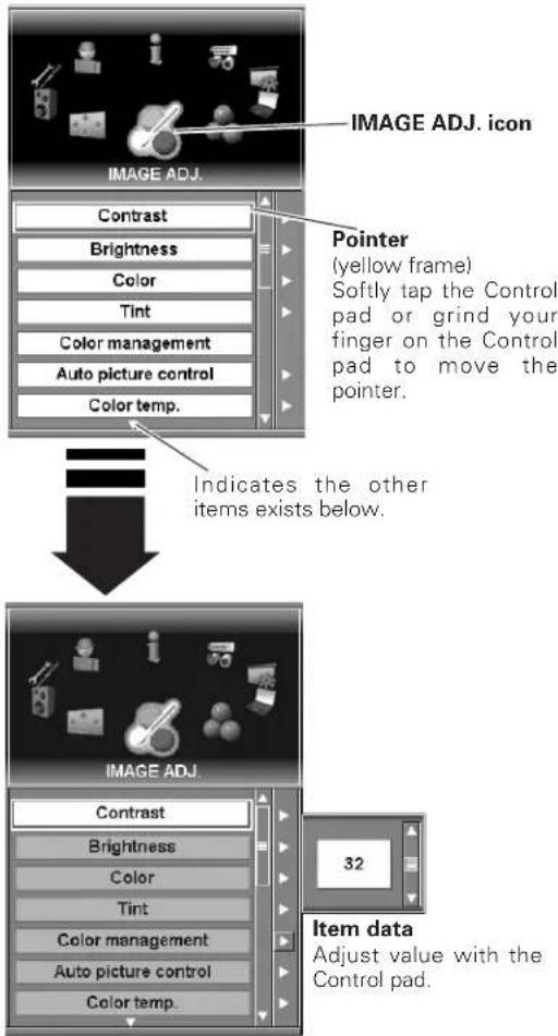 IMAGE ADJ. icon Contrast Brightness Color Tint Color management Auto picture control Color temp. Pointer (yellow frame) Softly tap the Control pad or grind your finger on the Control pad to move the pointer. Indicates the other items exists below. IMAGE ADJ. Contrast Brightness Color Tint Color management Auto picture control Color temp. 32 Item data Adjust value with the Control pad.