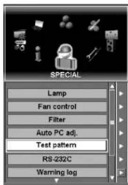 SPECIAL Lamp Fan control Filter Auto PC adj. Test pattern RS-232C Warning log