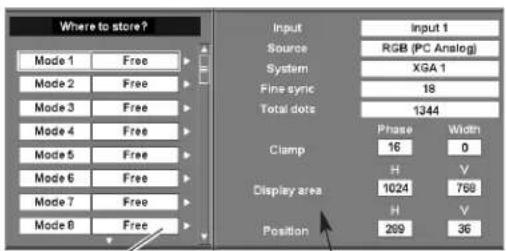 Where to store? Mode 1 Free Mode 2 Free Mode 3 Free Mode 4 Free Mode 5 Free Mode 6 Free Mode 7 Free Mode 8 Free Input Source System Fine sync Total dots Input 1 RGB (PC Analog) XGA 1 18 1344 Phase Width 16 0 Clamp H V Display area 1024 768 H V Position 299 36