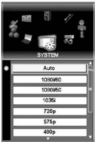 SYSTEM Auto 1080i/60 1080i/50 1035i 720p 575p 480p