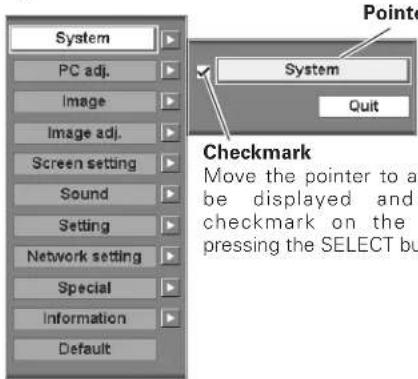 System PC adj. Image Image adj. Screen setting Sound Setting Network setting Special Information Default Pointe System Quit Checkmark Move the pointer to an be displayed and checkmark on the pressing the SELECT bu
