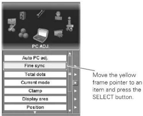 PC ADJ. Auto PC adj. Fine sync Total dots Current mode Clamp Display area Position Move the yellow frame pointer to an item and press the SELECT button.