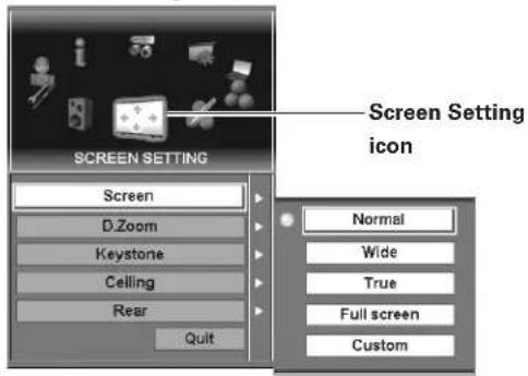 Screen Setting icon Screen D Zoom Keystone Ceiling Rear Quit Normal Wide True Full screen Custom