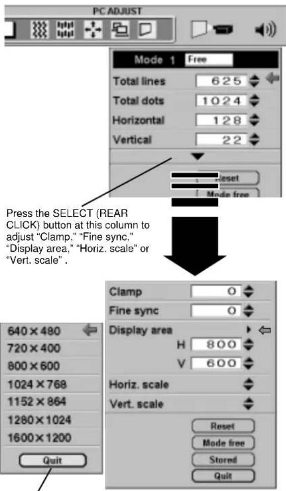 PC ADJUST Mode 1 Free Total lines 625 Total dots 1024 Horizontal 128 Vertical 22 Reset Mode free Press the SELECT (REAR CLICK) button at this column to adjust "Clamp," "Fine sync," "Display area," "Horiz. scale" or "Vert. scale". Clamp 0 Fine sync 0 Display area H 800 V 600 Horiz. scale Vert. scale Reset Mode free Stored Quit