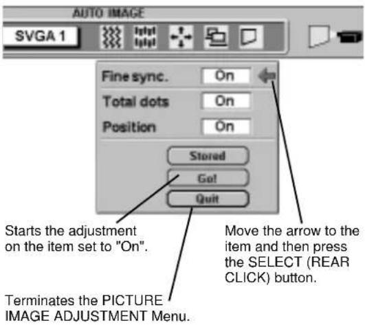 AUTO IMAGE SVGA 1 Fine sync. On Total dots On Position On Stored Got Quit Starts the adjustment on the item set to "On". Move the arrow to the item and then press the SELECT (REAR CLICK) button. Terminates the PICTURE IMAGE ADJUSTMENT Menu.