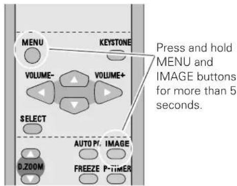 MENU VEGETONE VOLUME- VOLUME+ SELECT AUTO P: D.ZOOM FREEZE P-IMER Press and hold MENU and IMAGE buttons for more than 5 seconds.