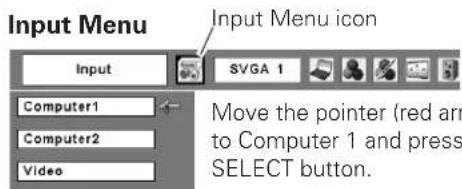 Input Menu Input Input Menu icon SVGA 1 Computer1 Computer2 Video Move the pointer (red arm to Computer 1 and press SELECT button.