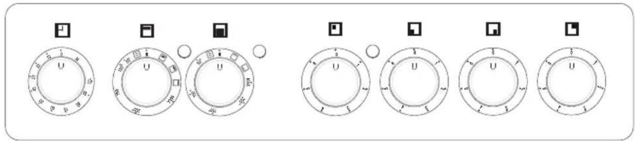 Image showing seven circular dial switches labeled U, with control buttons and numeric markings for measurement or status.