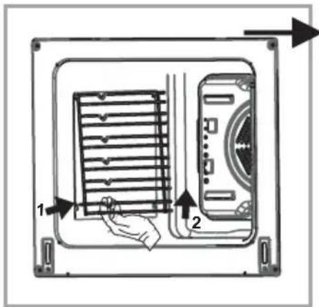 Diagram showing airflow or ventilation system with labeled components 1 and 2, including a hand pressing down on a fan panel.