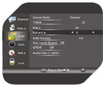 Channel Sound Mode Theater Treble 12 Picture Bass 20 Balance 0 Audio Auto Volume On Clock Sur round Sound - Off SPDIF - Off Audio Das Enition Solve p Lock OK! Return More OK