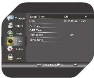 Channel Sleep Timer Off Date 2011/00/30 12:21 Picture On Time OFF Time Audio Auto Sleep On Clock Time Zone Solu p Lock OK! Return No OK