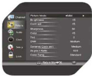 Channel Picture Mode Mild Brilliness 45 Contrast 45 Sharpness 50 Color 45 Tint 0 DAR Medium Dynamic Contrast 1 Medium As per Ratio 16:9 Color Temp Standard Lock Return May-OK